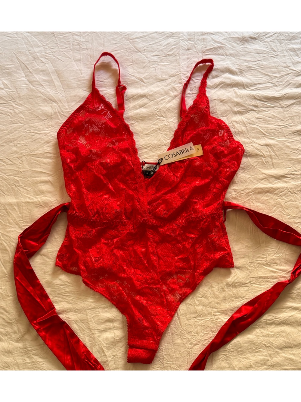 Cosabella M Red Lace Bodysuit Teddy with Silk Waist Tie - Picture 4 of 7